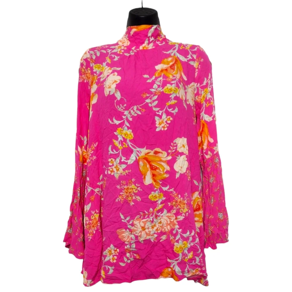 Free People Tate Bell Sleeve Floral Tunic Dress In Lollipop Combo